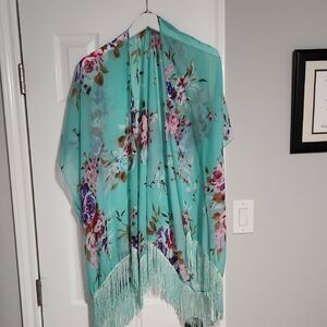 Elegant Floral Kimono with Fringe - Teal and Purple